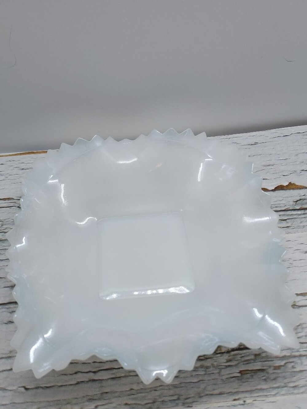 2 Vintage Milk Glass Diamond Point 6.5" Square Candy Dish Ruffled Scalloped Edge